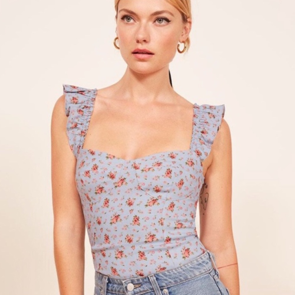 Reformation Elena Top in Petunia Blue Floral XS size 0 EUC